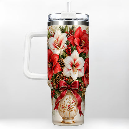 Christmas Amaryllis 40oz Tumbler with Handle, Winter Floral Design