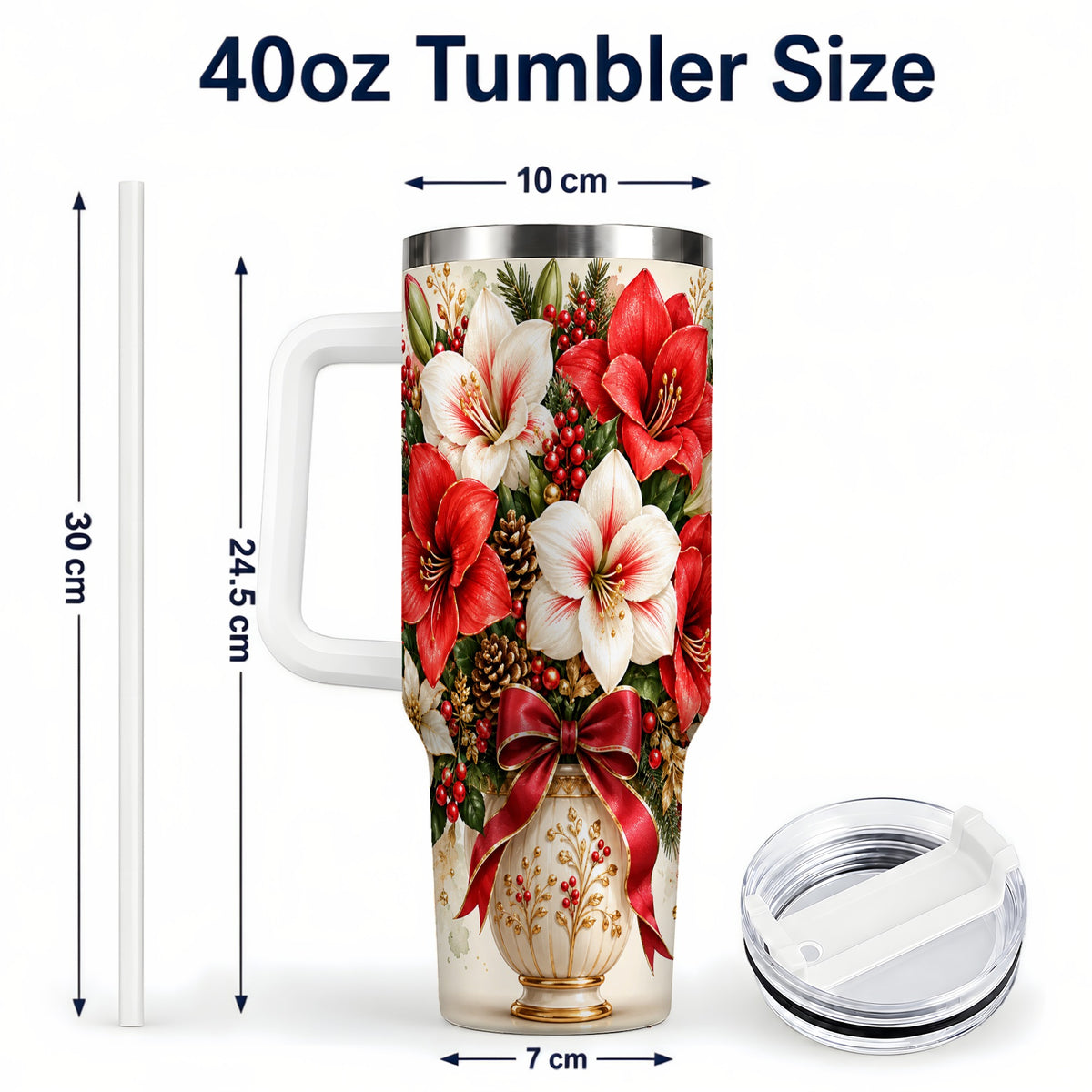 #pl[40oz|White] Christmas Amaryllis 40oz Tumbler with Handle, Winter Floral Design