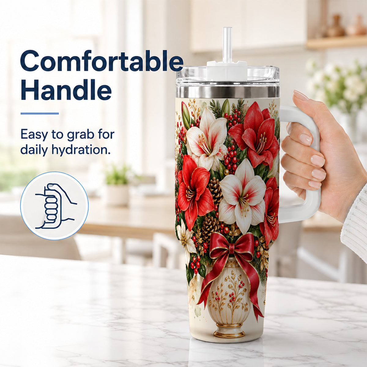 #pl[40oz|White] Christmas Amaryllis 40oz Tumbler with Handle, Winter Floral Design