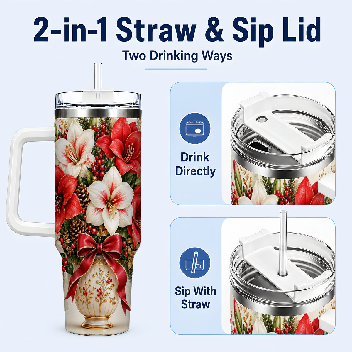 #pl[40oz|White] Christmas Amaryllis 40oz Tumbler with Handle, Winter Floral Design