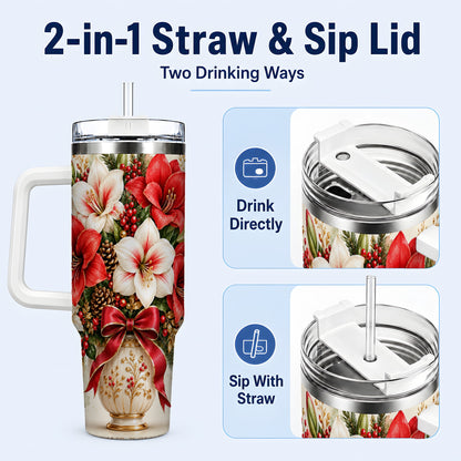 #pl[40oz|White] Christmas Amaryllis 40oz Tumbler with Handle, Winter Floral Design