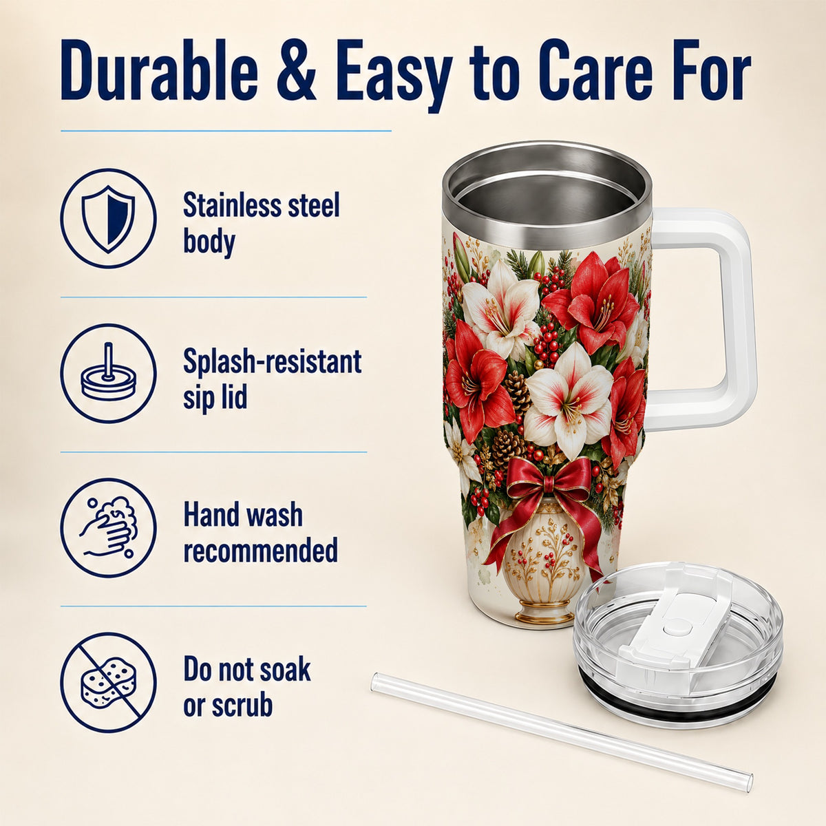 Christmas Amaryllis 40oz Tumbler with Handle, Winter Floral Design