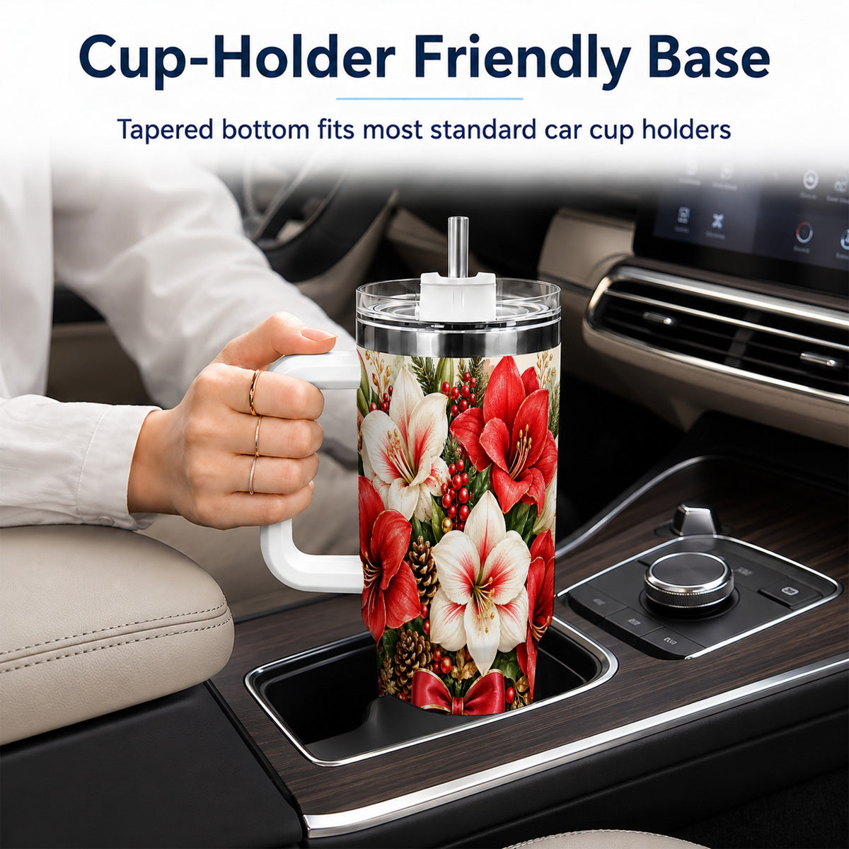 Christmas Amaryllis 40oz Tumbler with Handle, Winter Floral Design