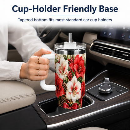 Christmas Amaryllis 40oz Tumbler with Handle, Winter Floral Design