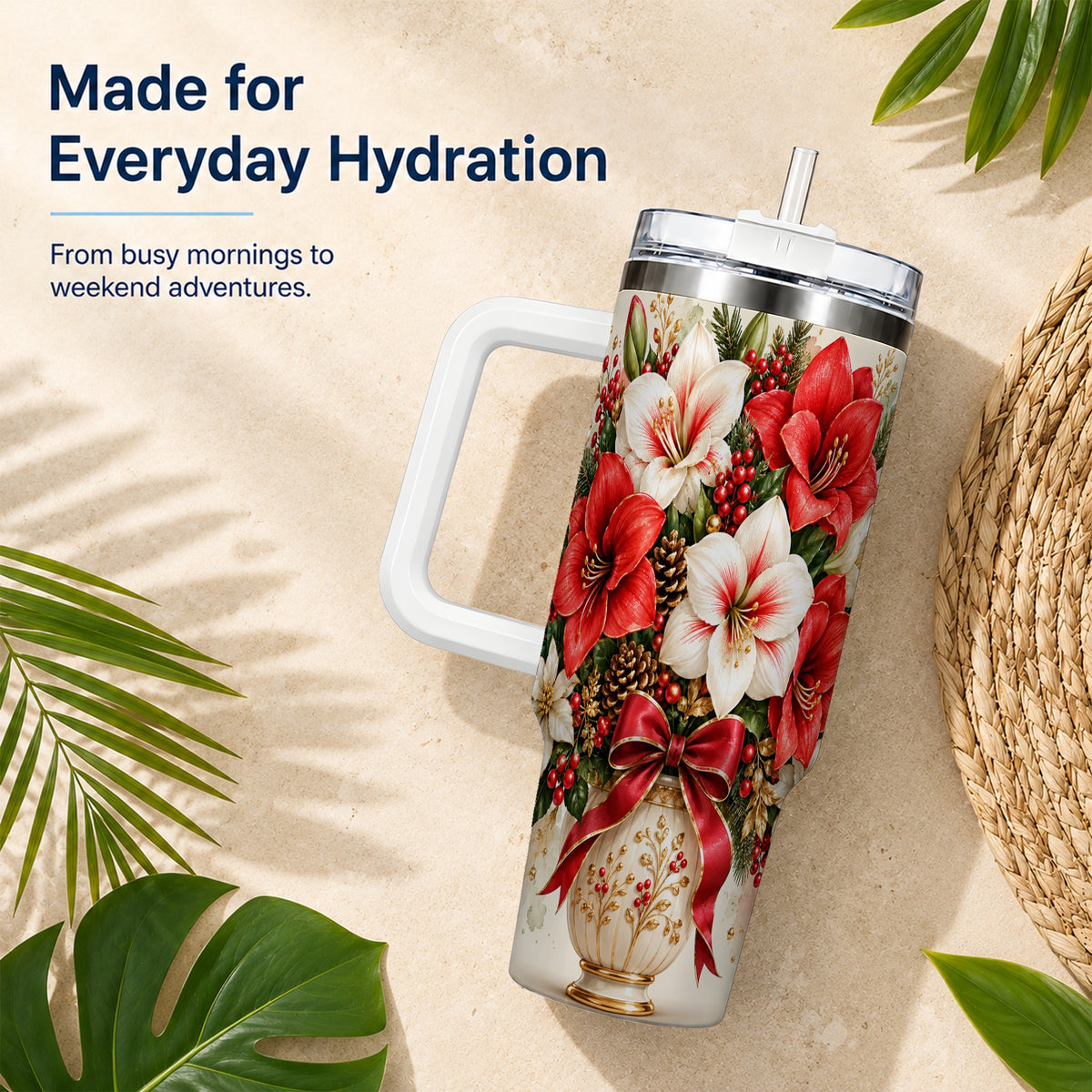 Christmas Amaryllis 40oz Tumbler with Handle, Winter Floral Design