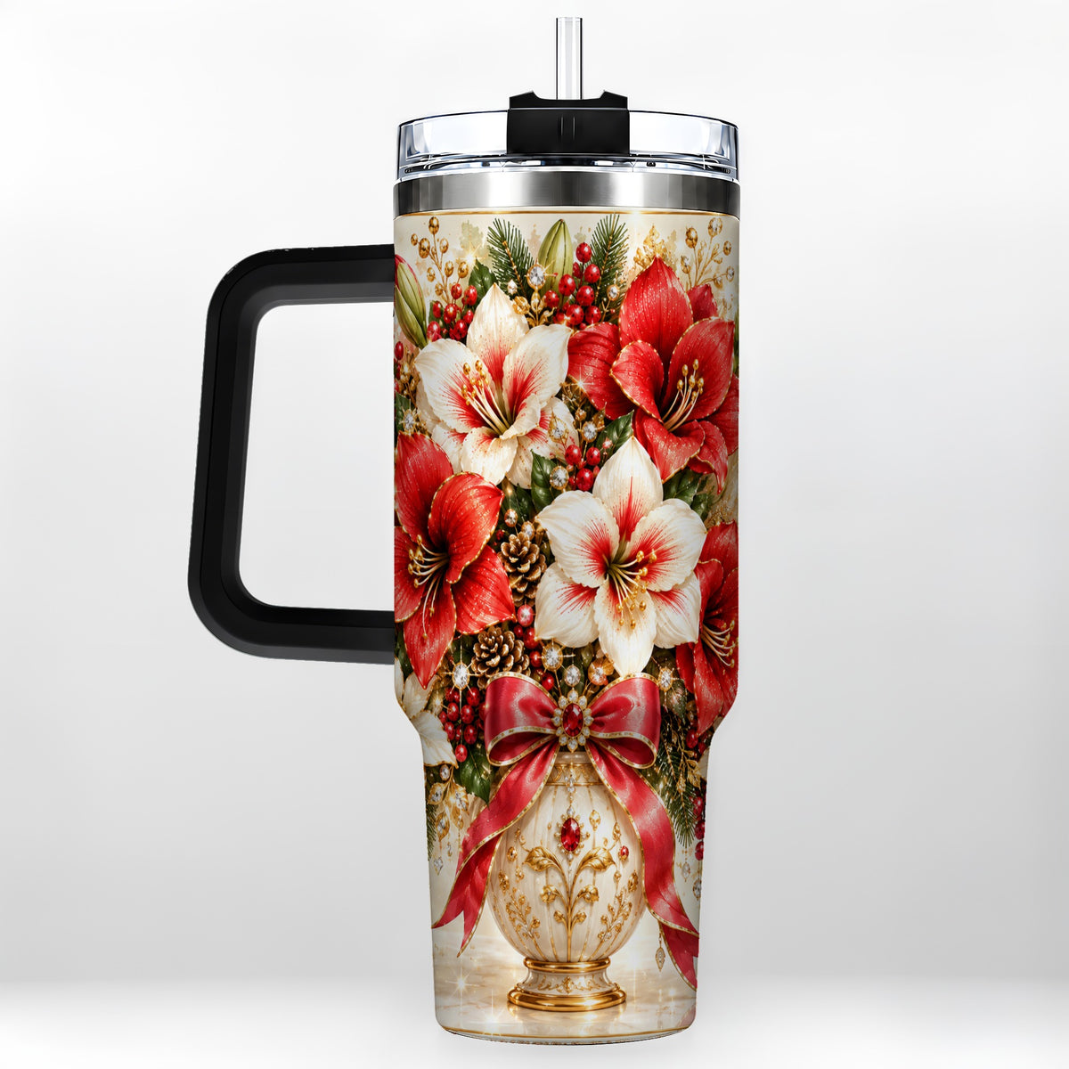 #pl[40oz|Black] Jeweled Christmas Amaryllis 40oz Tumbler with Handle, Floral Artwork