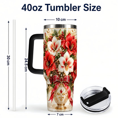 #pl[40oz|Black] Jeweled Christmas Amaryllis 40oz Tumbler with Handle, Floral Artwork