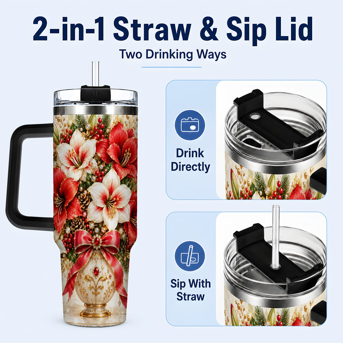 #pl[40oz|Black] Jeweled Christmas Amaryllis 40oz Tumbler with Handle, Floral Artwork