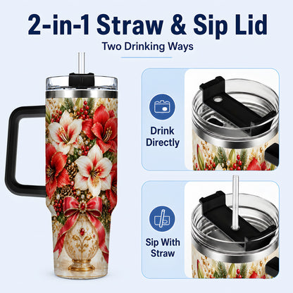 #pl[40oz|Black] Jeweled Christmas Amaryllis 40oz Tumbler with Handle, Floral Artwork