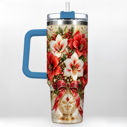 #pl[40oz|Blue] Jeweled Christmas Amaryllis 40oz Tumbler with Handle, Floral Artwork