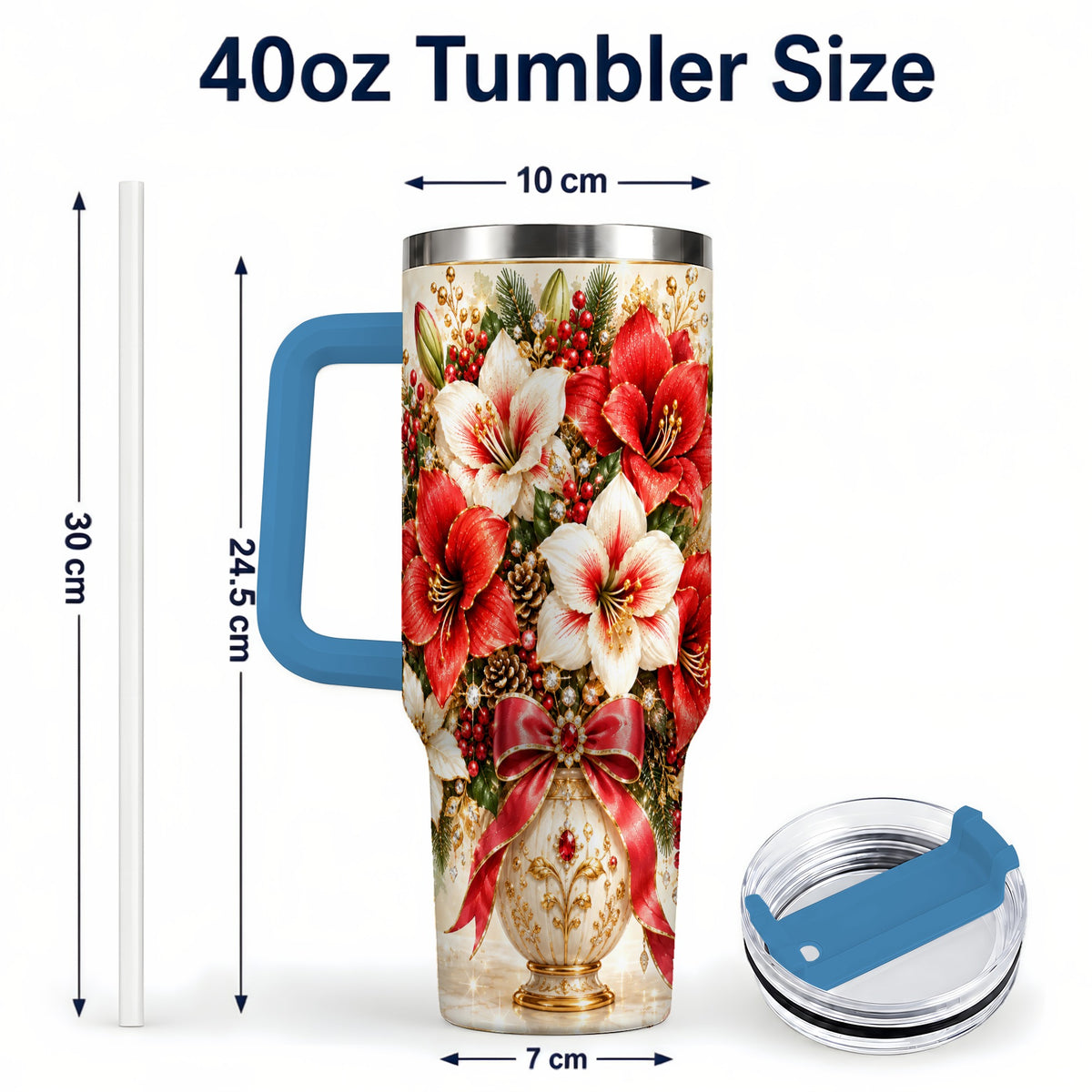 #pl[40oz|Blue] Jeweled Christmas Amaryllis 40oz Tumbler with Handle, Floral Artwork