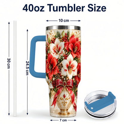 #pl[40oz|Blue] Jeweled Christmas Amaryllis 40oz Tumbler with Handle, Floral Artwork
