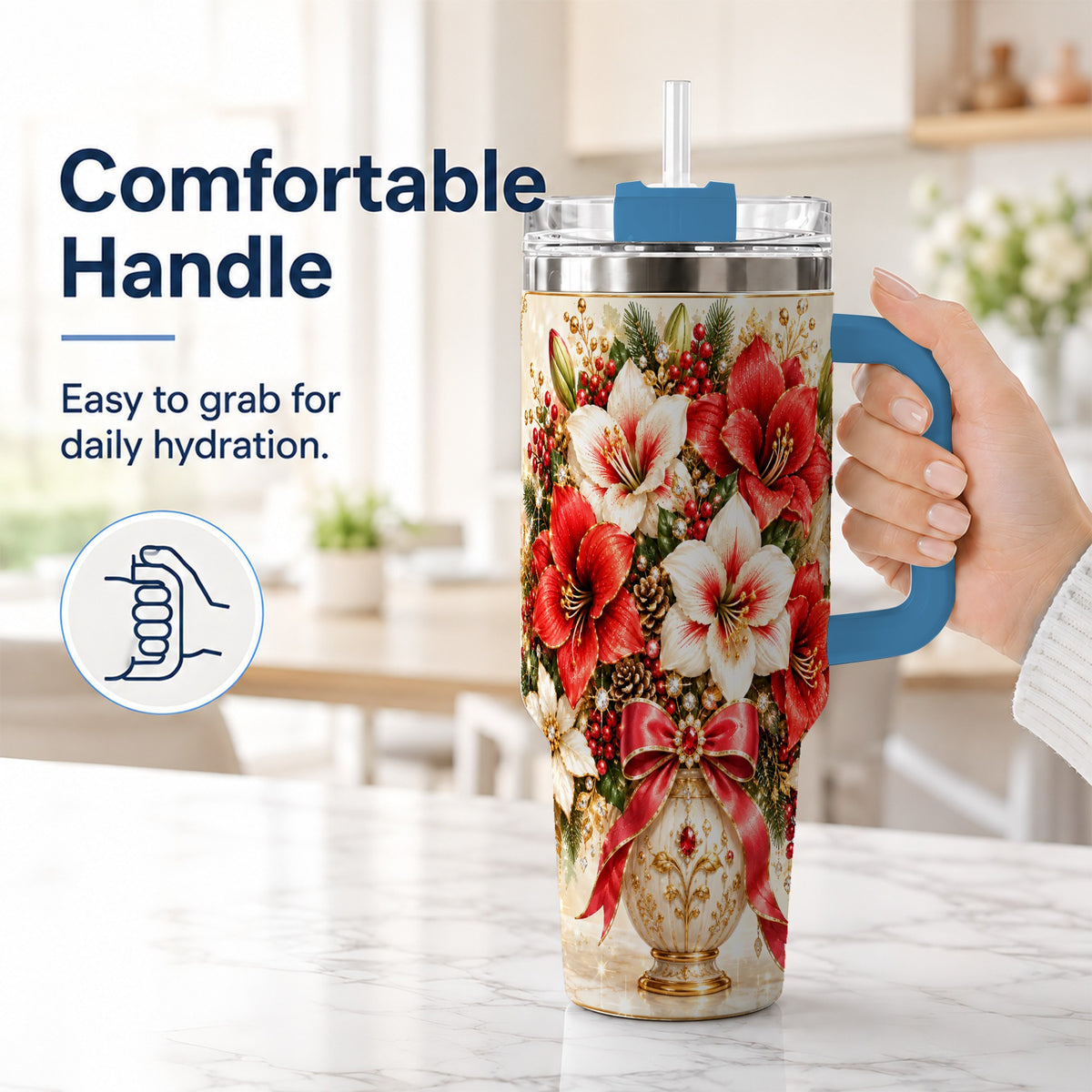#pl[40oz|Blue] Jeweled Christmas Amaryllis 40oz Tumbler with Handle, Floral Artwork