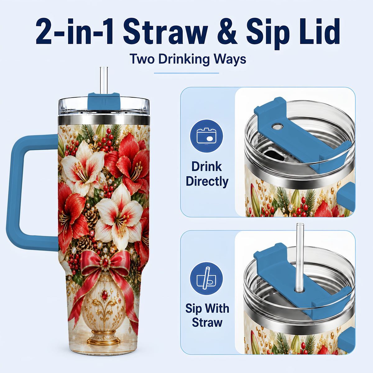 #pl[40oz|Blue] Jeweled Christmas Amaryllis 40oz Tumbler with Handle, Floral Artwork