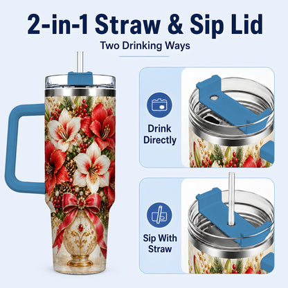 #pl[40oz|Blue] Jeweled Christmas Amaryllis 40oz Tumbler with Handle, Floral Artwork