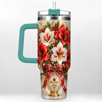 #pl[40oz|Green] Jeweled Christmas Amaryllis 40oz Tumbler with Handle, Floral Artwork