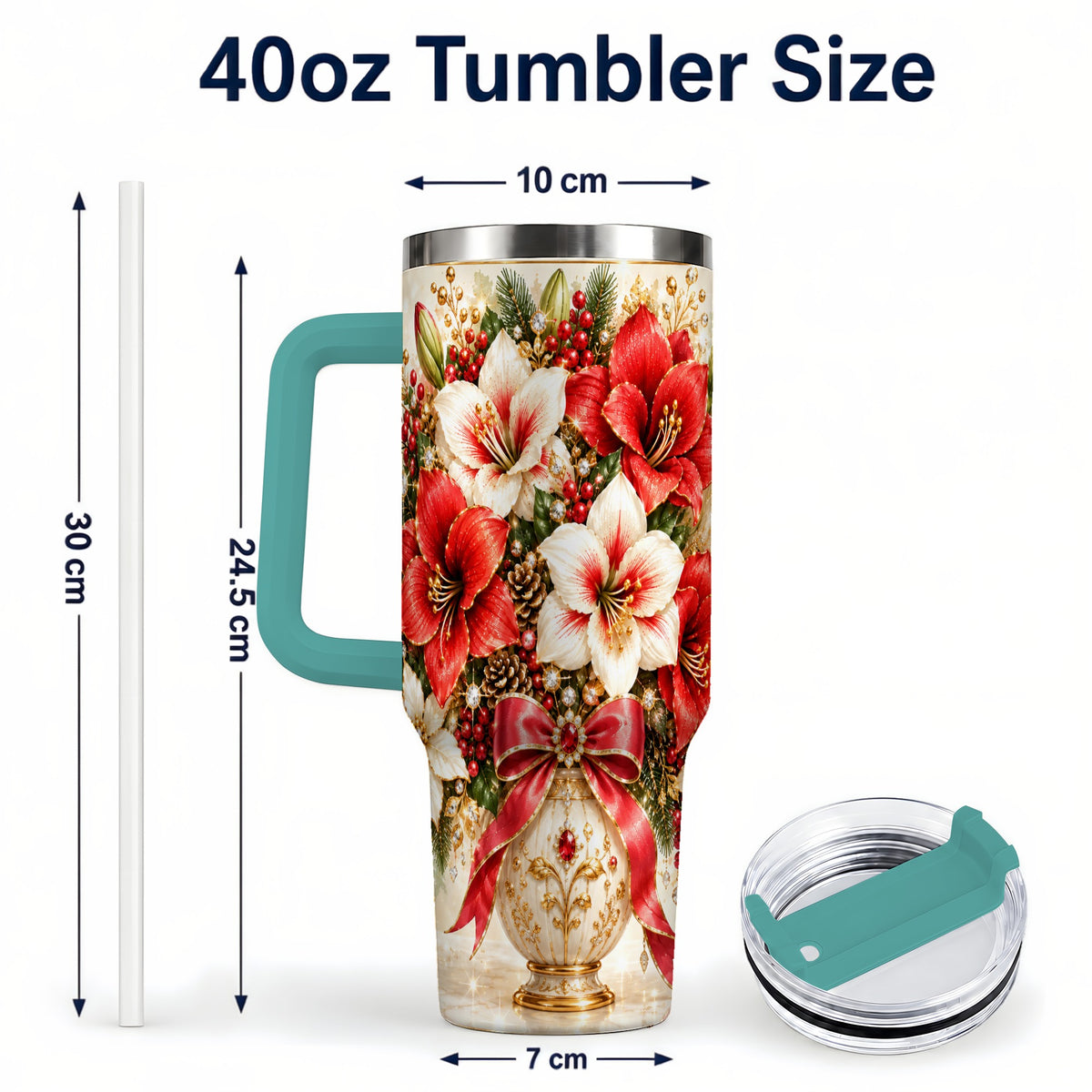 #pl[40oz|Green] Jeweled Christmas Amaryllis 40oz Tumbler with Handle, Floral Artwork