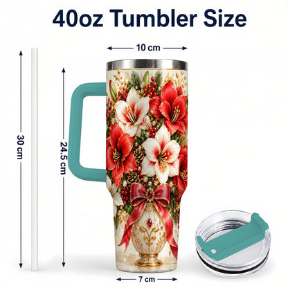 #pl[40oz|Green] Jeweled Christmas Amaryllis 40oz Tumbler with Handle, Floral Artwork