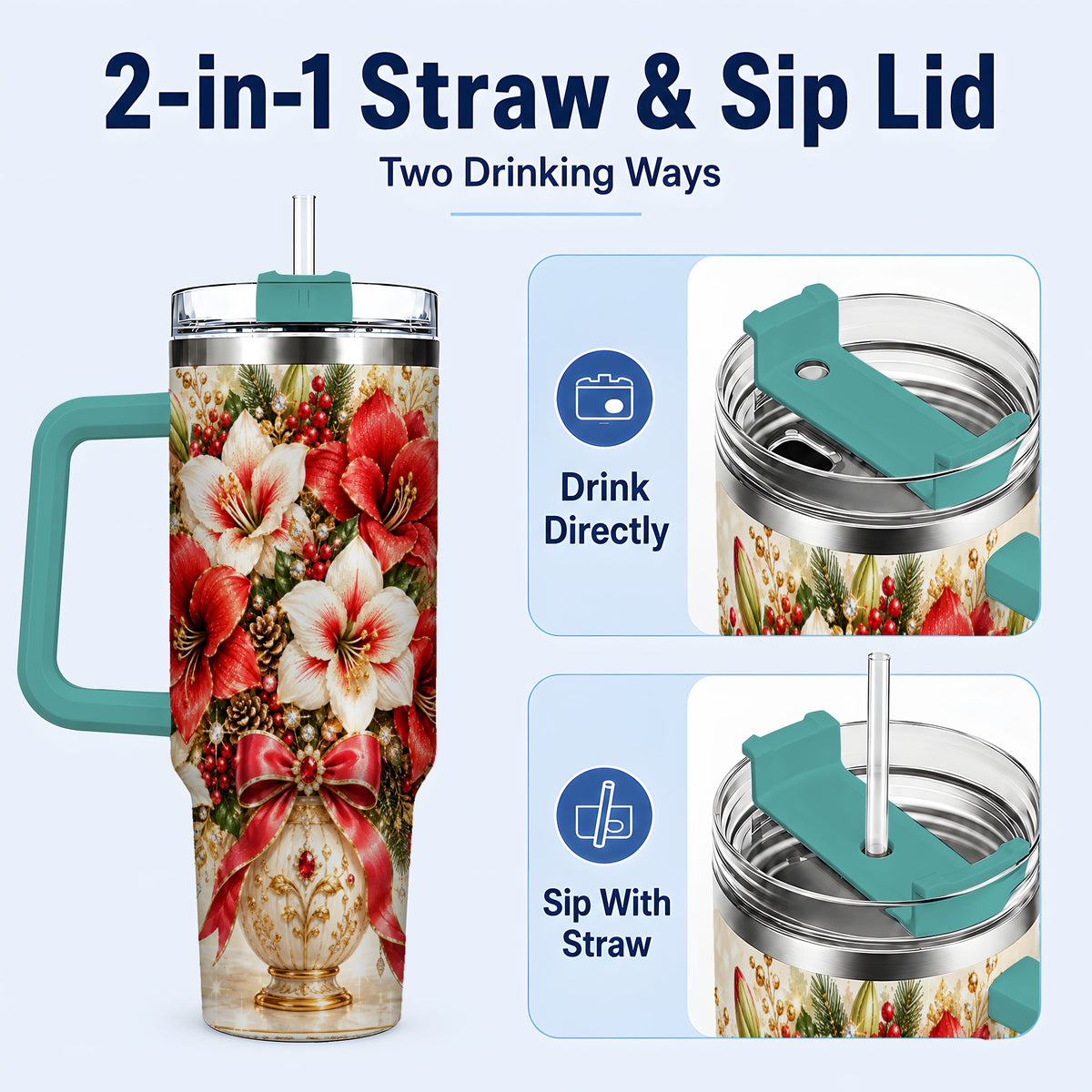 #pl[40oz|Green] Jeweled Christmas Amaryllis 40oz Tumbler with Handle, Floral Artwork