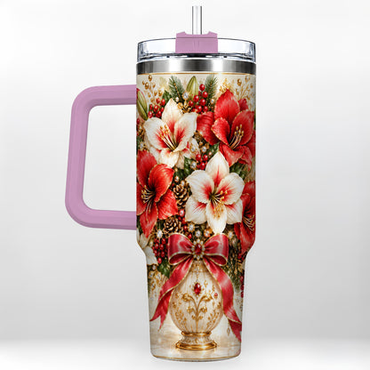 #pl[40oz|Pink] Jeweled Christmas Amaryllis 40oz Tumbler with Handle, Floral Artwork
