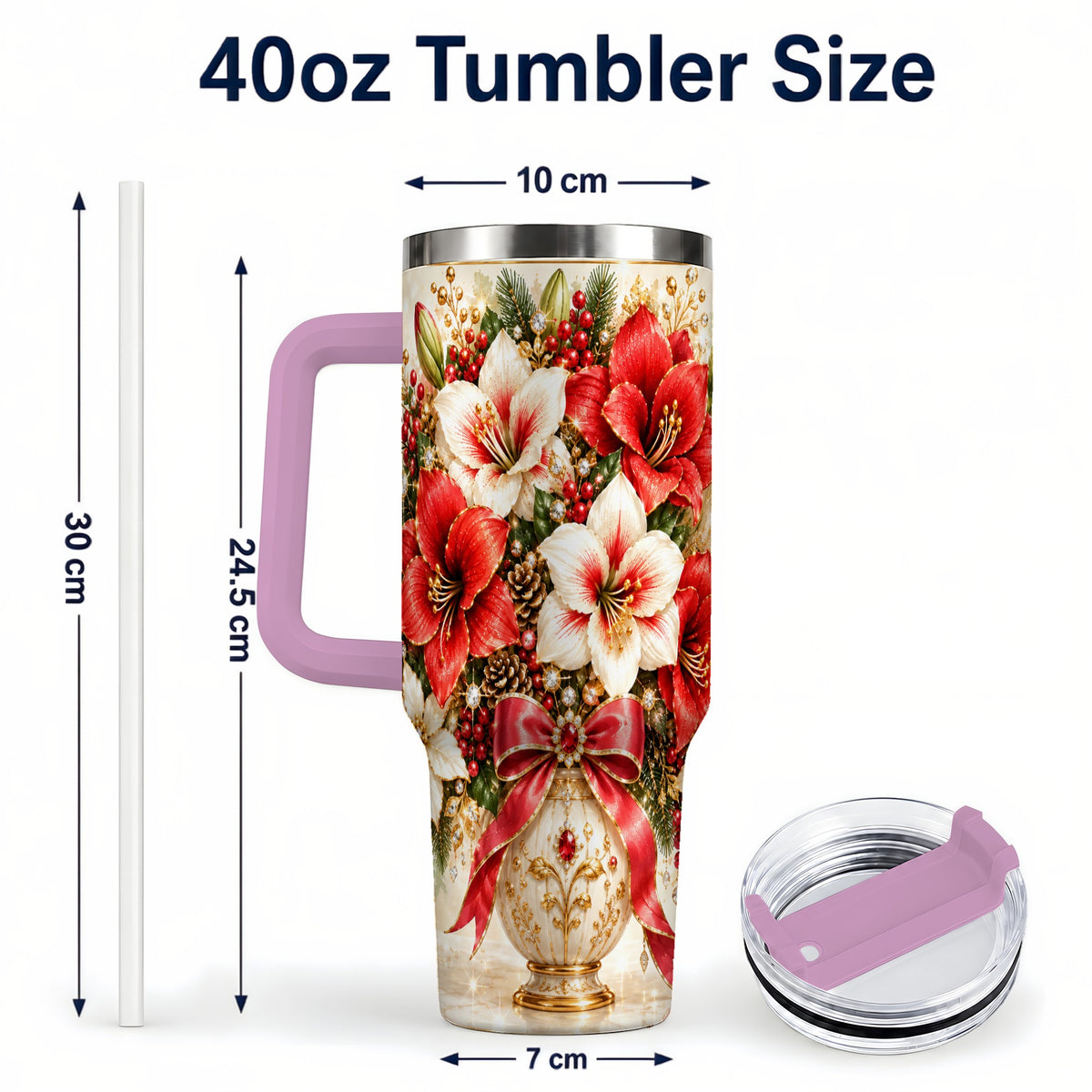 #pl[40oz|Pink] Jeweled Christmas Amaryllis 40oz Tumbler with Handle, Floral Artwork