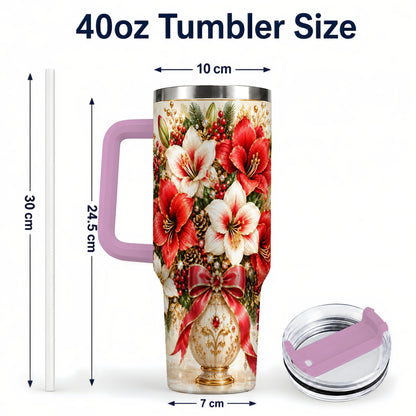 #pl[40oz|Pink] Jeweled Christmas Amaryllis 40oz Tumbler with Handle, Floral Artwork