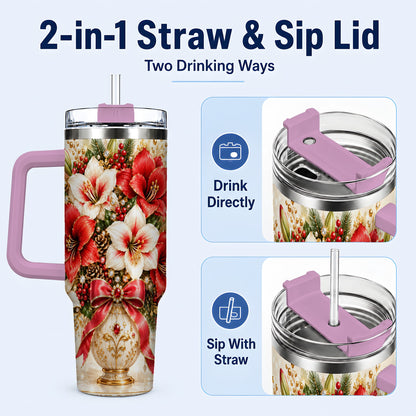 #pl[40oz|Pink] Jeweled Christmas Amaryllis 40oz Tumbler with Handle, Floral Artwork