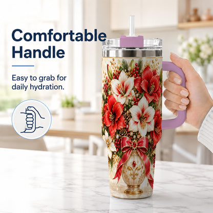 #pl[40oz|Pink] Jeweled Christmas Amaryllis 40oz Tumbler with Handle, Floral Artwork