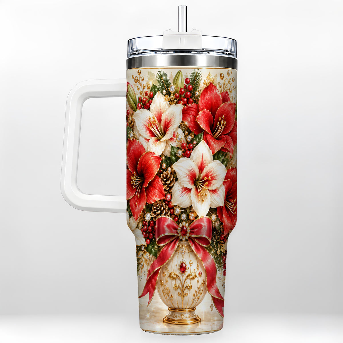 Jeweled Christmas Amaryllis 40oz Tumbler with Handle, Floral Artwork