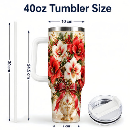 #pl[40oz|White] Jeweled Christmas Amaryllis 40oz Tumbler with Handle, Floral Artwork