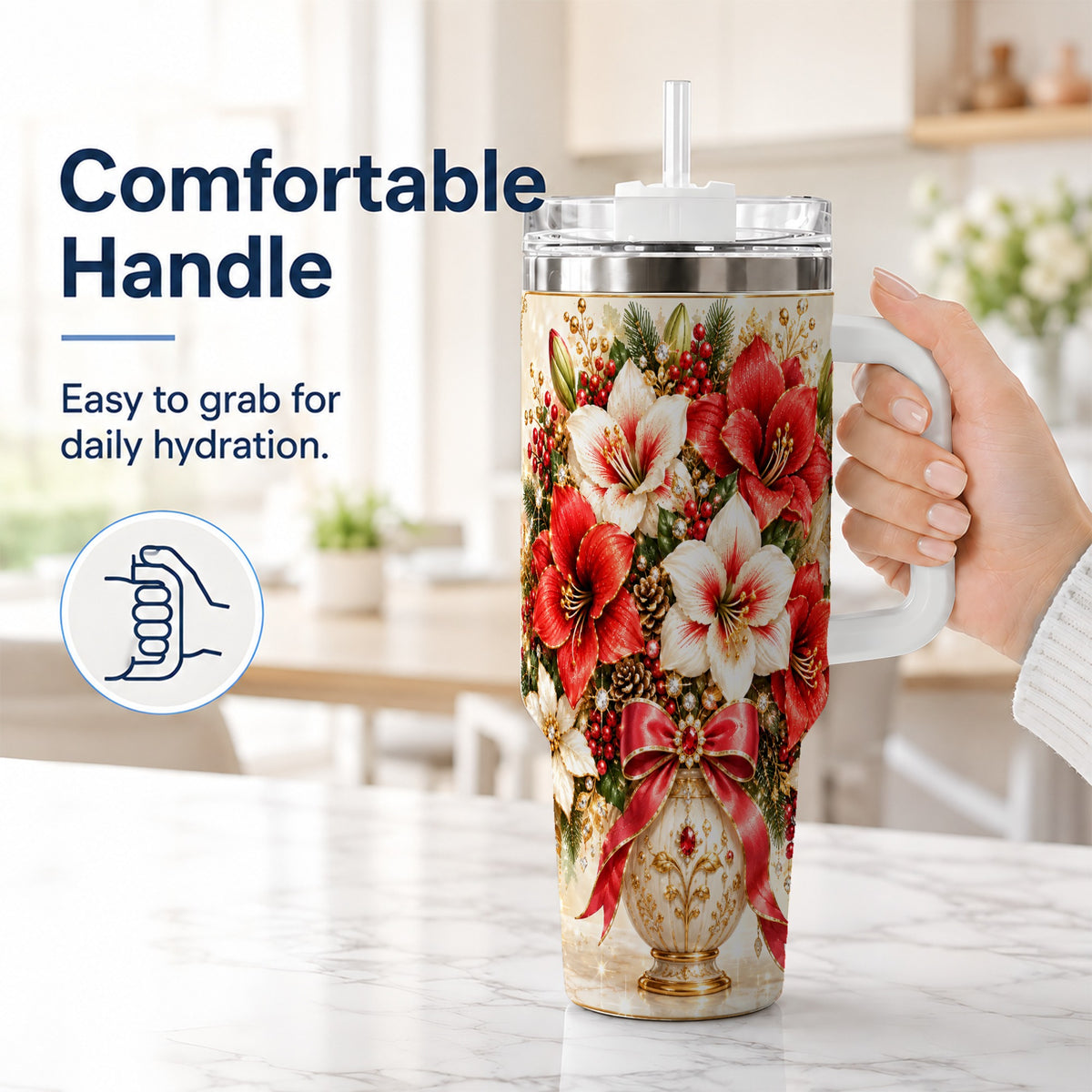 #pl[40oz|White] Jeweled Christmas Amaryllis 40oz Tumbler with Handle, Floral Artwork