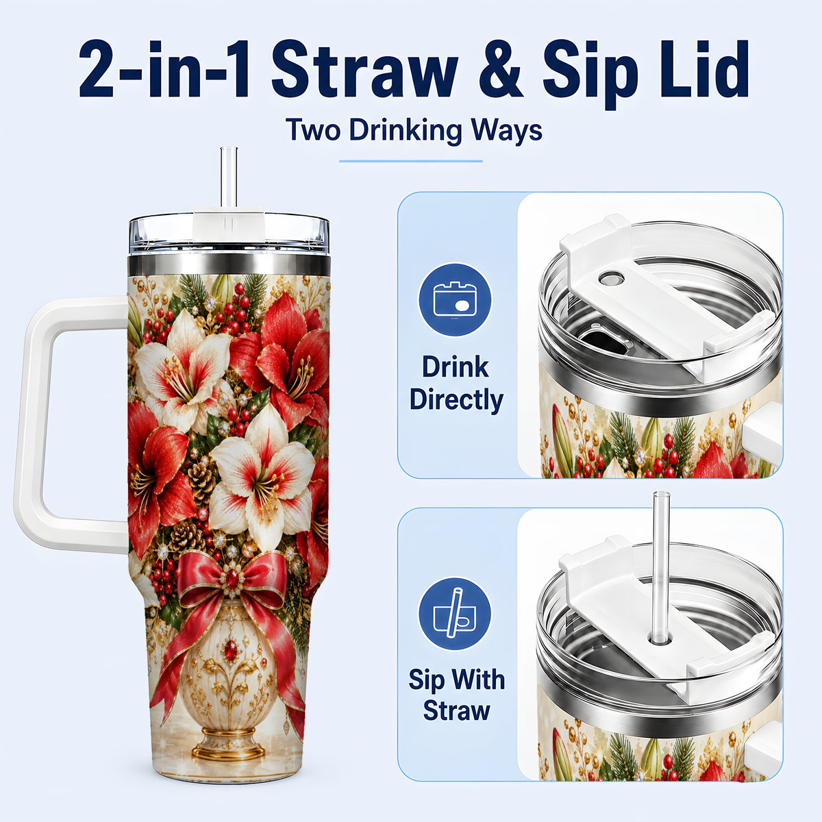 #pl[40oz|White] Jeweled Christmas Amaryllis 40oz Tumbler with Handle, Floral Artwork