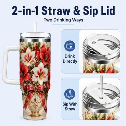 #pl[40oz|White] Jeweled Christmas Amaryllis 40oz Tumbler with Handle, Floral Artwork