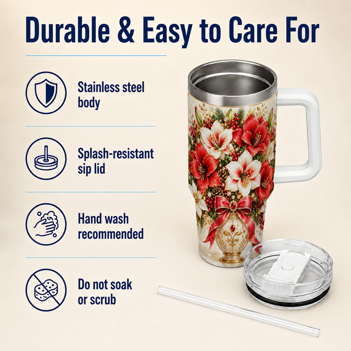 Jeweled Christmas Amaryllis 40oz Tumbler with Handle, Floral Artwork