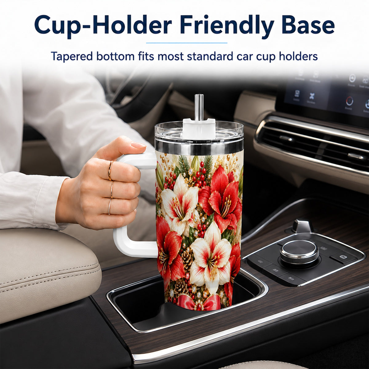 Jeweled Christmas Amaryllis 40oz Tumbler with Handle, Floral Artwork