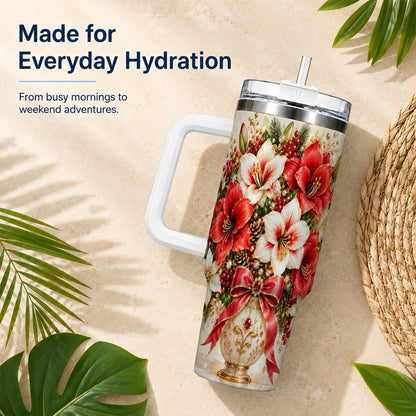 Jeweled Christmas Amaryllis 40oz Tumbler with Handle, Floral Artwork