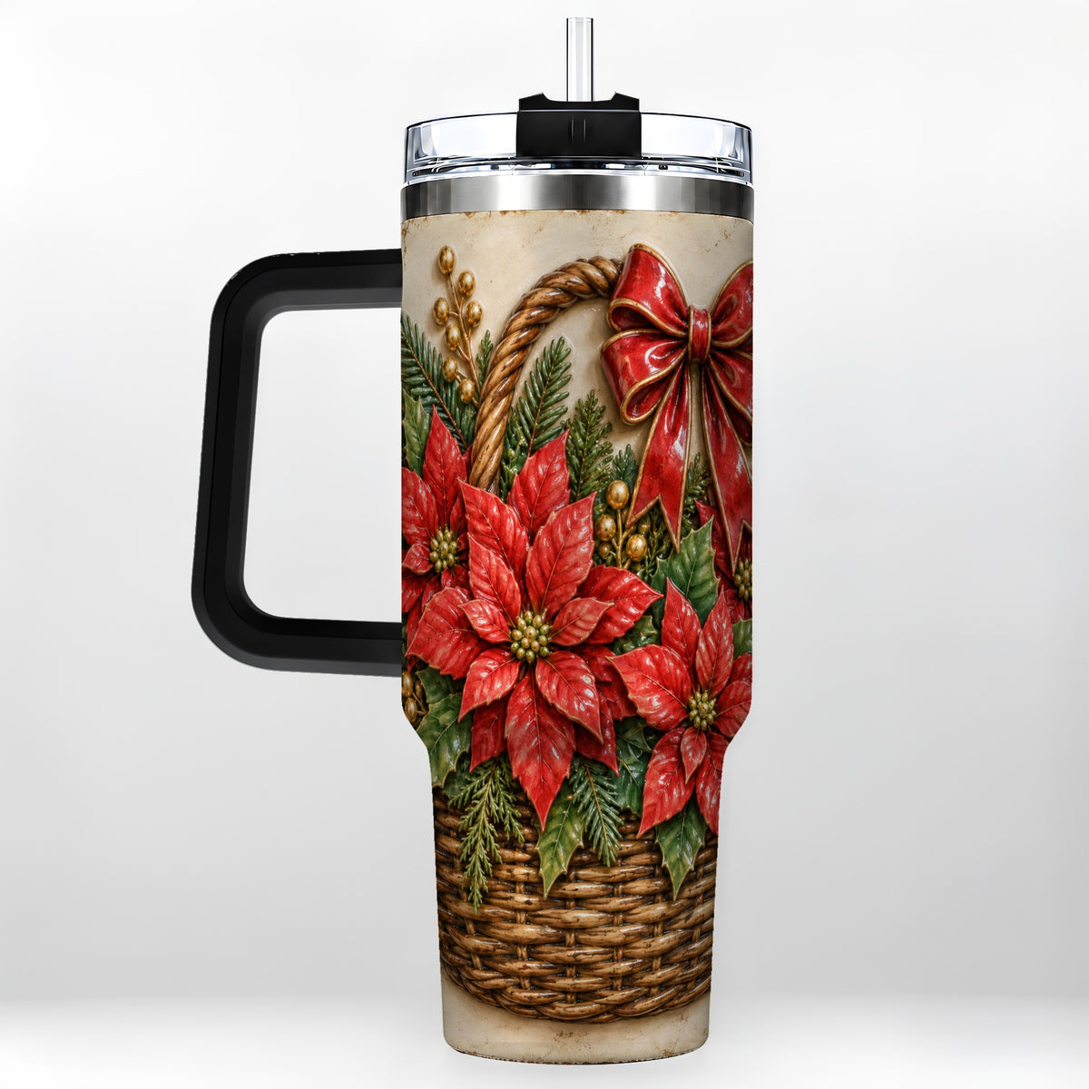 #pl[40oz|Black] Christmas Poinsettia Basket 40oz Tumbler with Handle, Vintage Floral