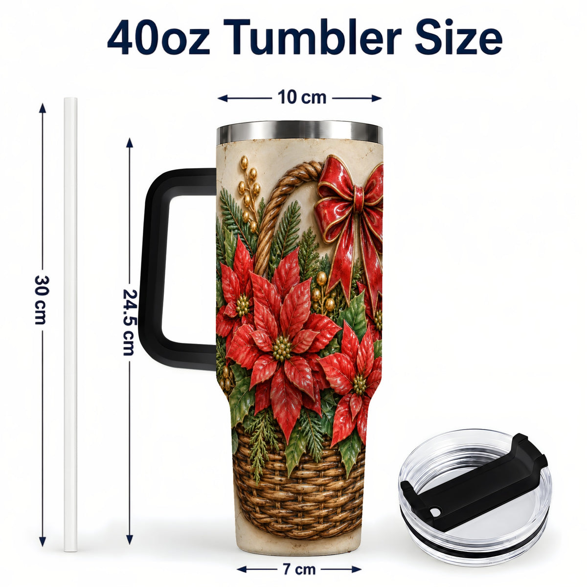 #pl[40oz|Black] Christmas Poinsettia Basket 40oz Tumbler with Handle, Vintage Floral