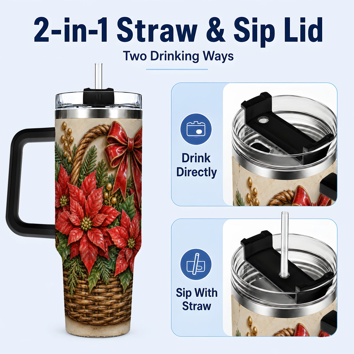 #pl[40oz|Black] Christmas Poinsettia Basket 40oz Tumbler with Handle, Vintage Floral