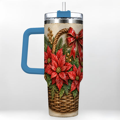 #pl[40oz|Blue] Christmas Poinsettia Basket 40oz Tumbler with Handle, Vintage Floral