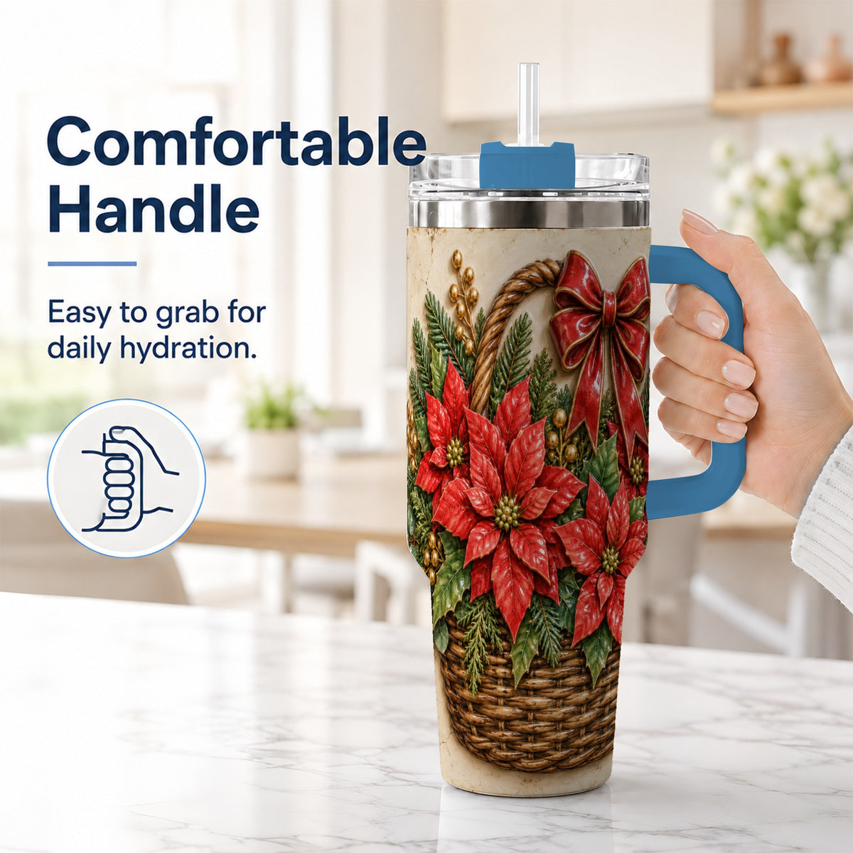 #pl[40oz|Blue] Christmas Poinsettia Basket 40oz Tumbler with Handle, Vintage Floral
