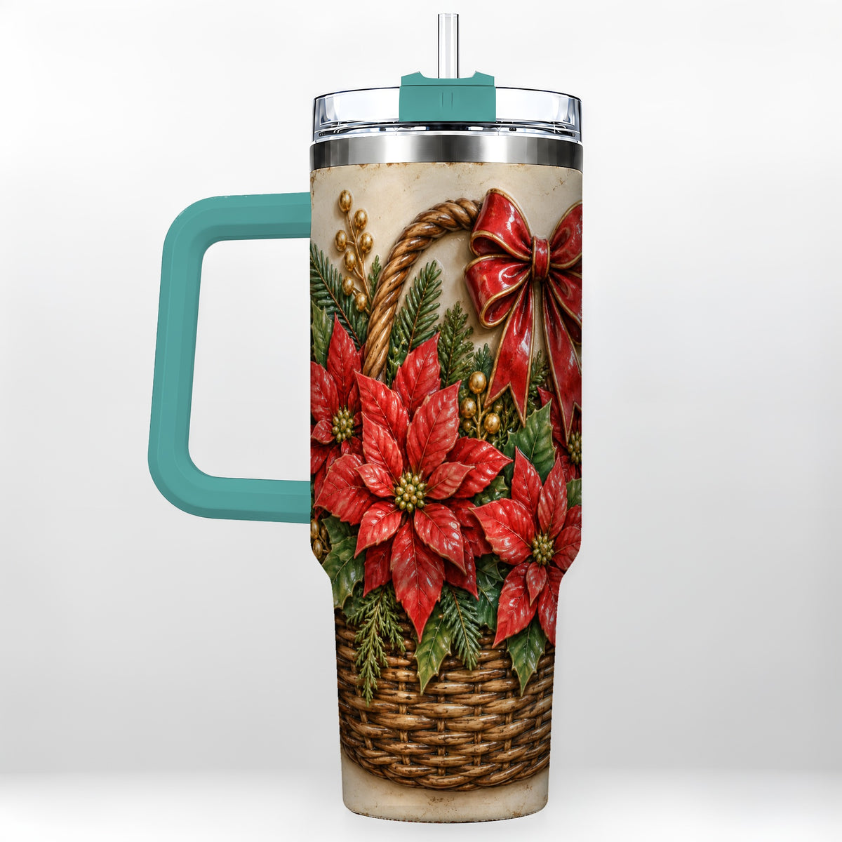 #pl[40oz|Green] Christmas Poinsettia Basket 40oz Tumbler with Handle, Vintage Floral