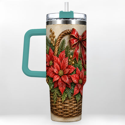 #pl[40oz|Green] Christmas Poinsettia Basket 40oz Tumbler with Handle, Vintage Floral