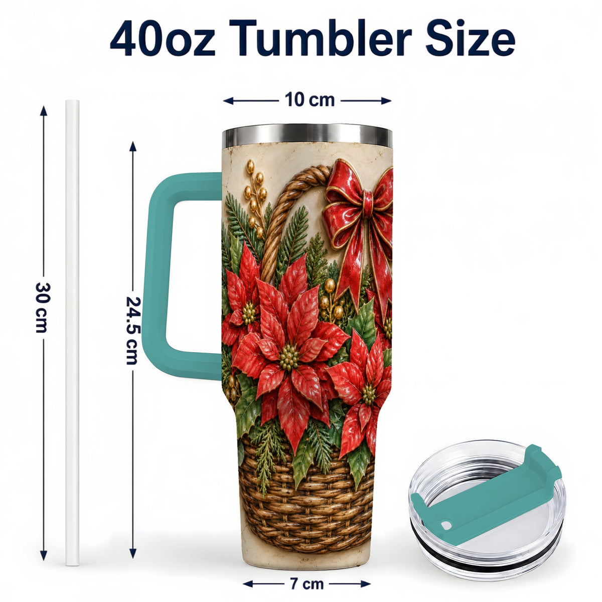 #pl[40oz|Green] Christmas Poinsettia Basket 40oz Tumbler with Handle, Vintage Floral