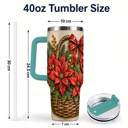 #pl[40oz|Green] Christmas Poinsettia Basket 40oz Tumbler with Handle, Vintage Floral