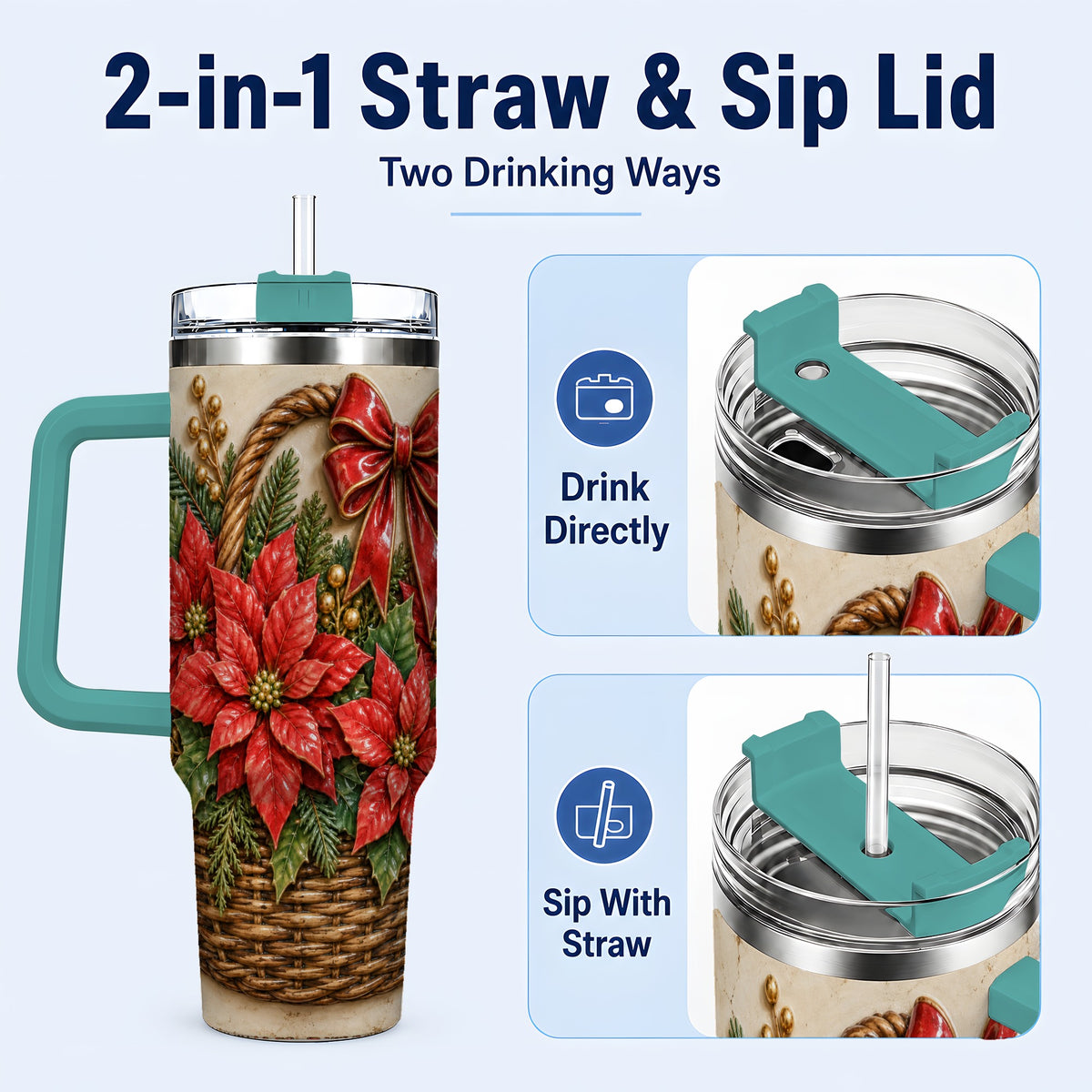 #pl[40oz|Green] Christmas Poinsettia Basket 40oz Tumbler with Handle, Vintage Floral