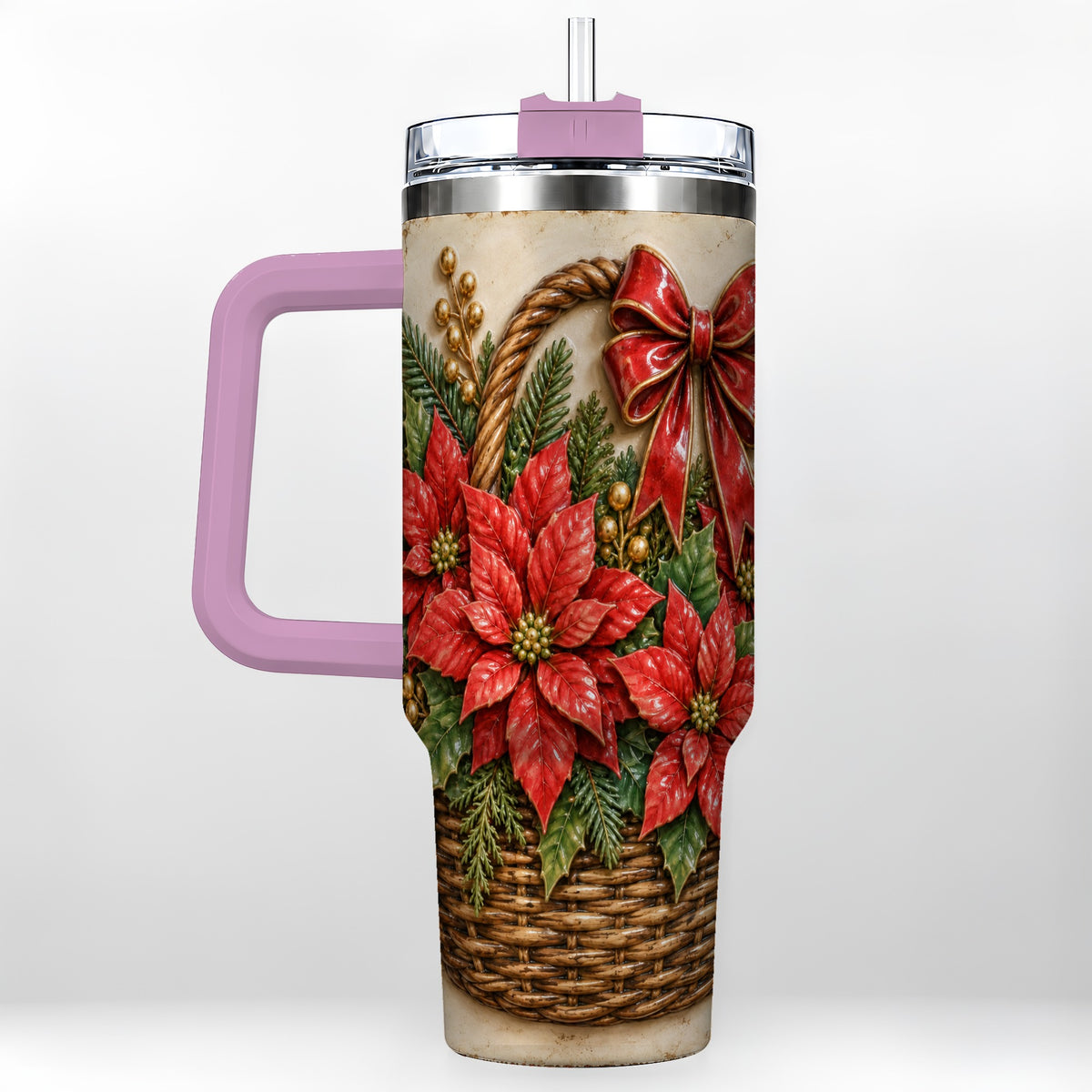 #pl[40oz|Pink] Christmas Poinsettia Basket 40oz Tumbler with Handle, Vintage Floral