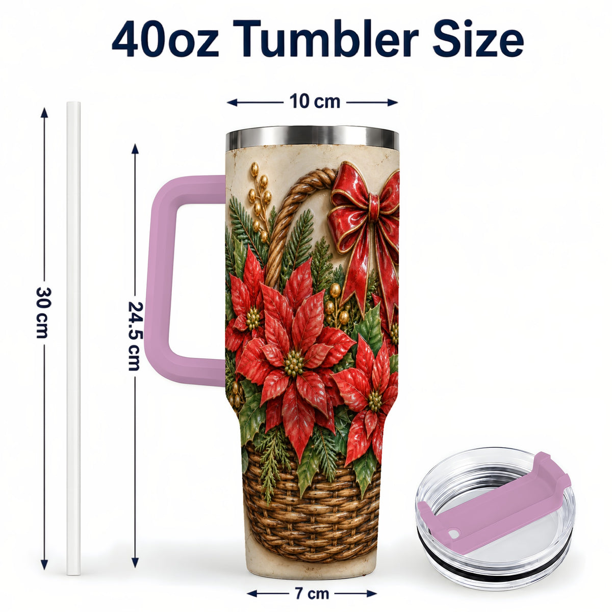 #pl[40oz|Pink] Christmas Poinsettia Basket 40oz Tumbler with Handle, Vintage Floral