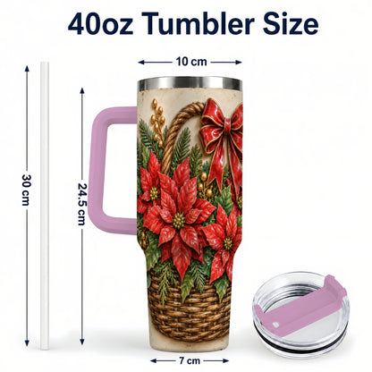 #pl[40oz|Pink] Christmas Poinsettia Basket 40oz Tumbler with Handle, Vintage Floral