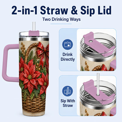 #pl[40oz|Pink] Christmas Poinsettia Basket 40oz Tumbler with Handle, Vintage Floral